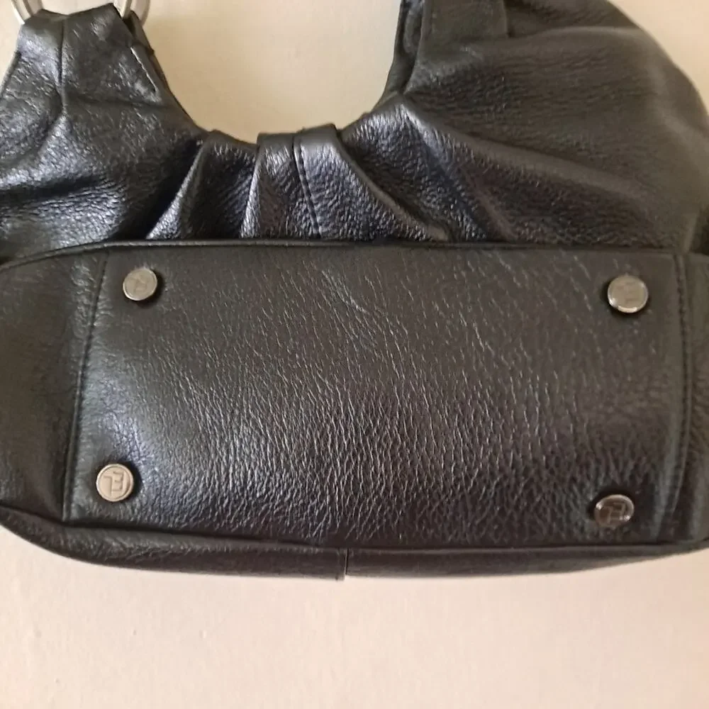 Elliott Lucca Black Leather Double Strap Medium Purse / Bag with Zip & Snap Lock